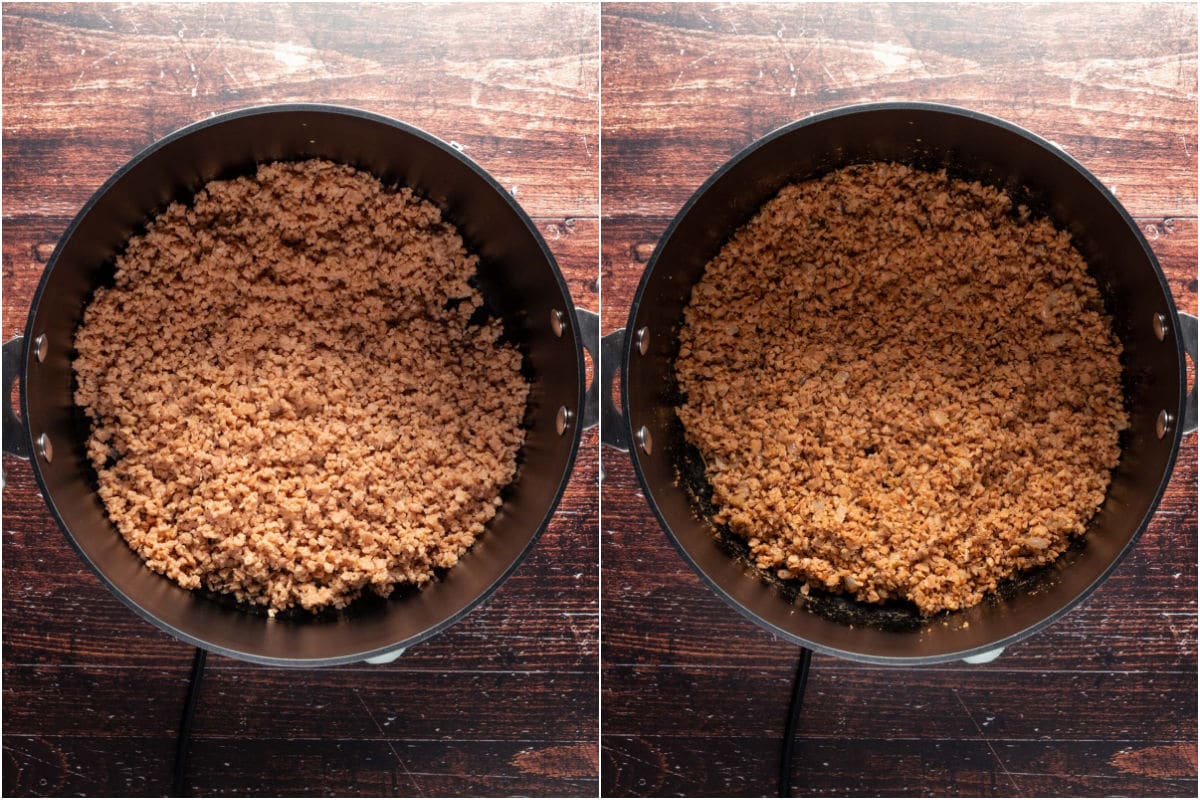 Two photo collage showing textured vegetable protein added to pot, mixed in and sautéed until slightly browned.