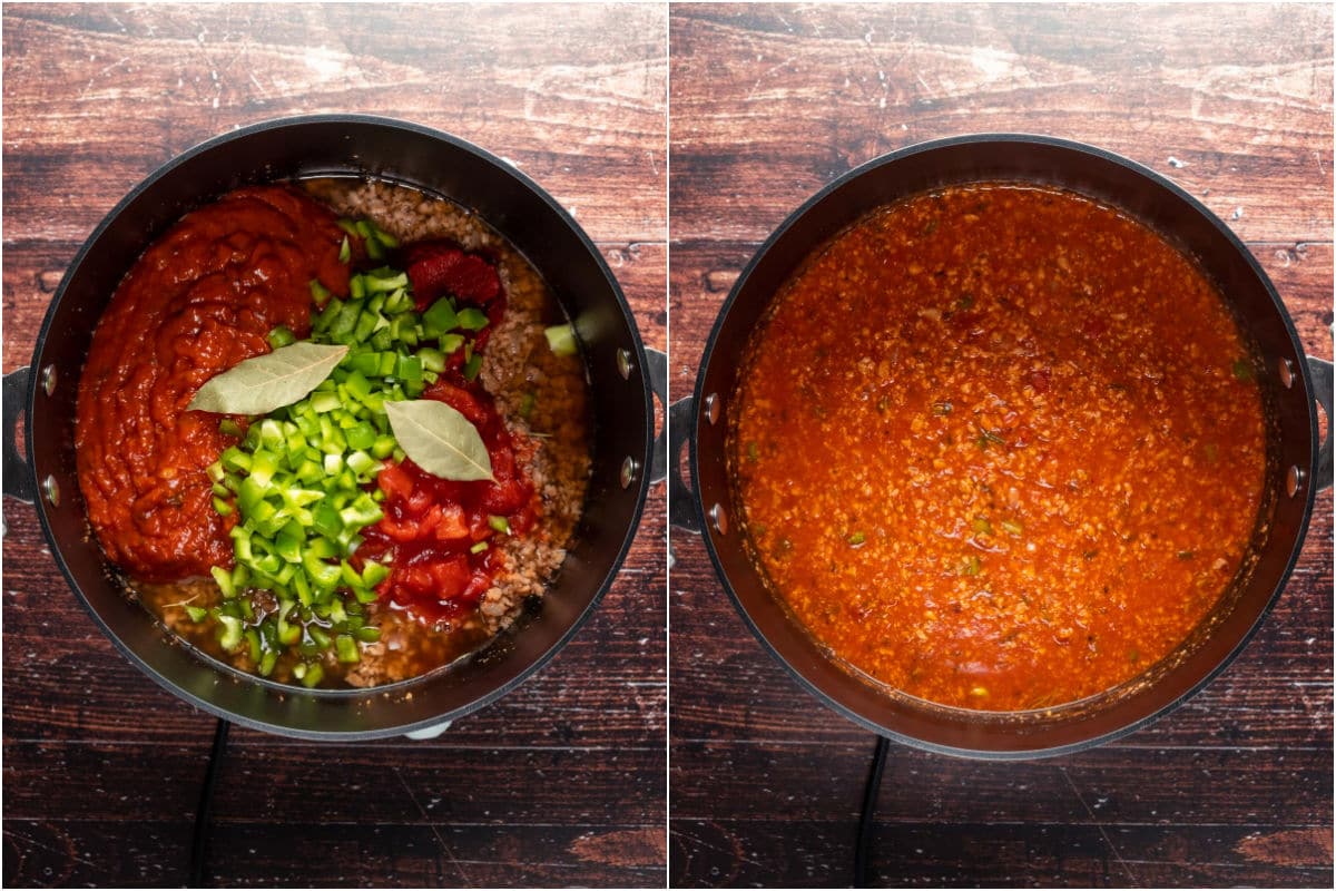 Collage of two photos showing marinara sauce, canned tomatoes, tomato paste diced green pepper and bay leaves added to pot and mixed in.