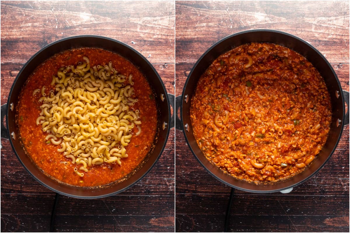 Two photo collage showing cooked elbow macaroni added to pot and mixed in.