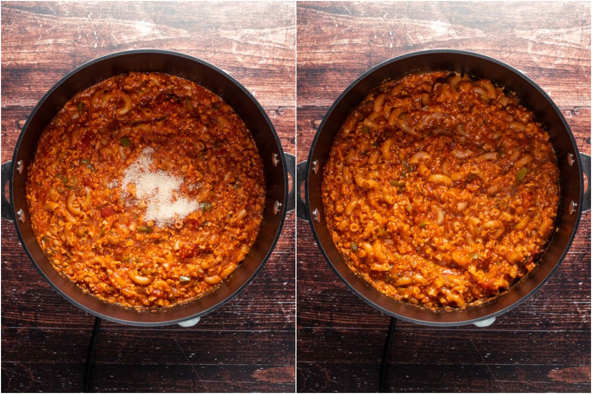 Two photo collage showing brown sugar added to pot and mixed in.