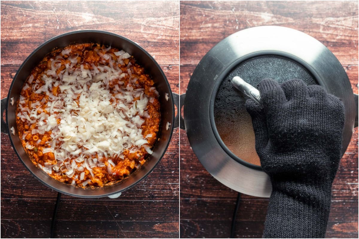 Two photo collage showing vegan mozzarella added to pot and then covered with a lid.