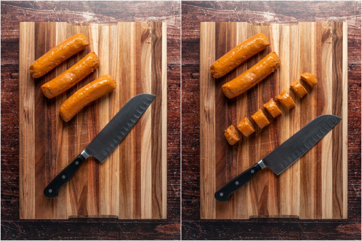 Two photo collage showing vegan sausages on a wooden cutting board and then sliced.