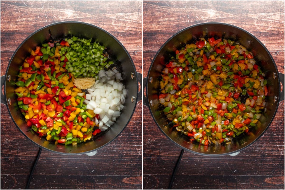 Collage of two photos showing diced bell peppers, celery, onion and garlic added to pot and sautéed.