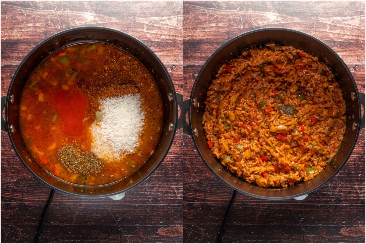 Two photo collage showing crushed tomatoes, soy sauce, vegetable stock, cajun seasoning, thyme, cayenne and a bay leaf added to pot and then cooked.