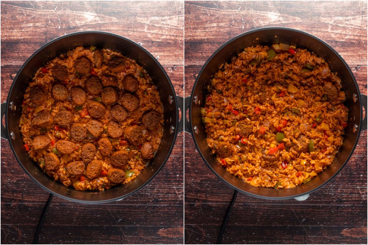 Two photo collage showing vegan sausage added back to pot and stirred in.