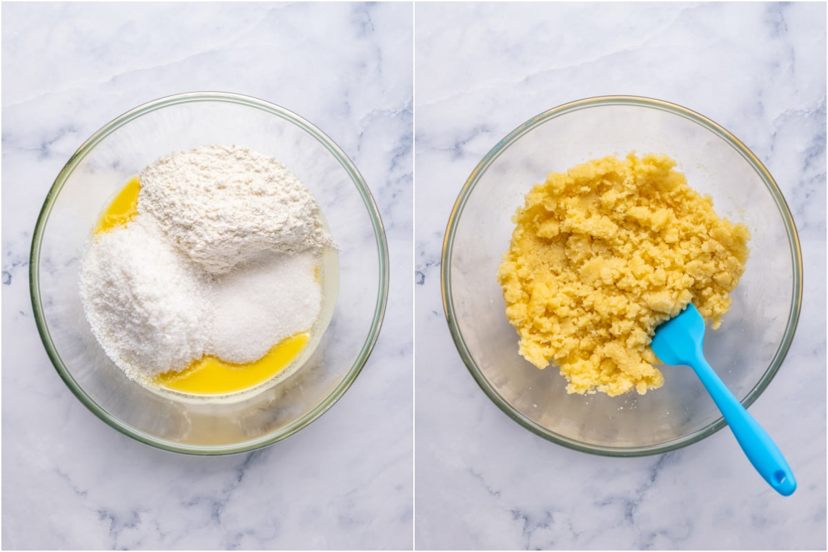 Two photo collage showing dry ingredients added to melted vegan butter and mixed in.
