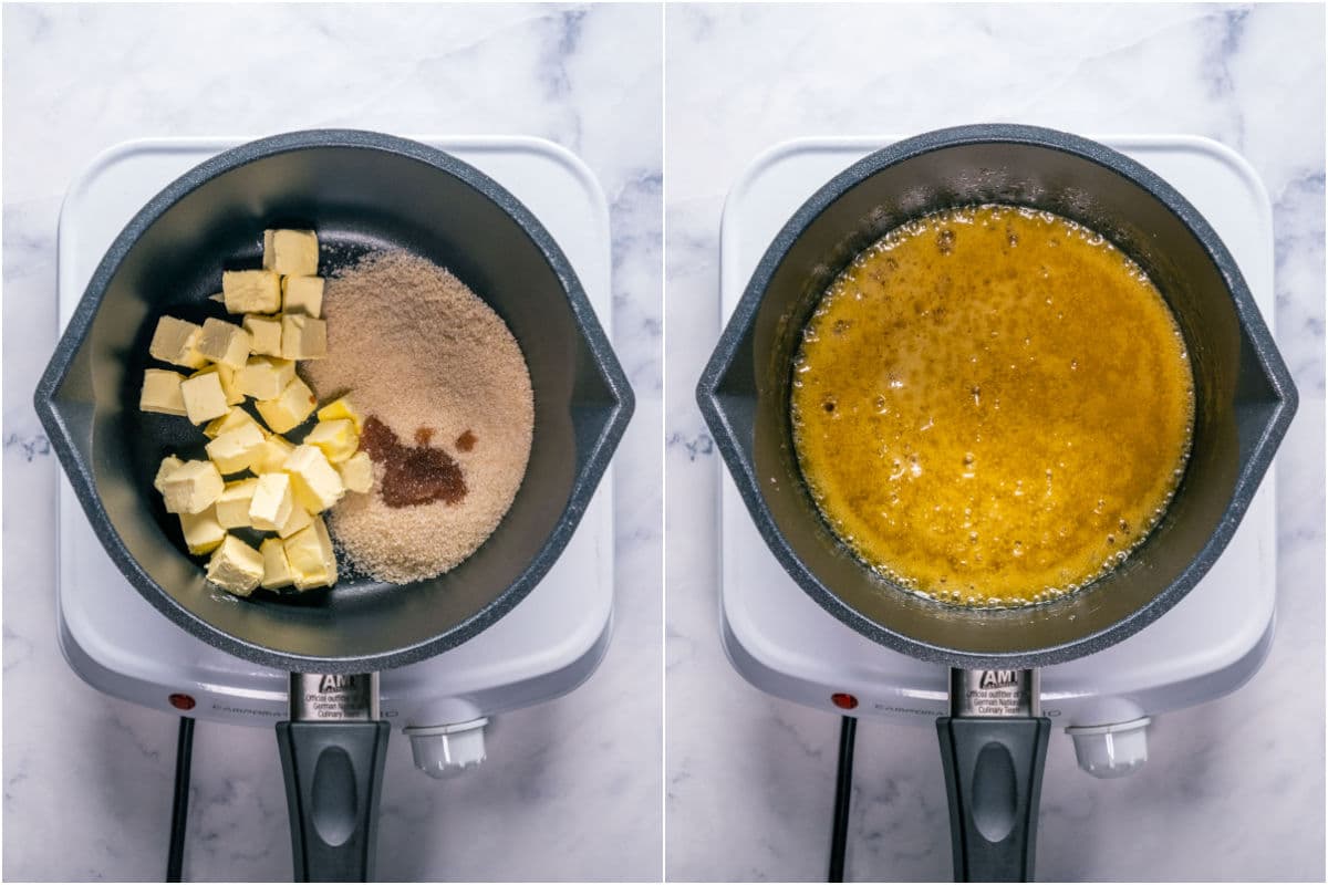 Two photo collage showing vegan butter, sugar and vanilla added to saucepan, melted and brought to a boil.