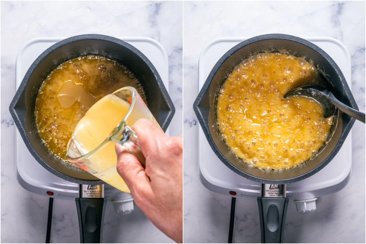 Two photo collage showing vegan condensed milk added to saucepan and brought to a boil.