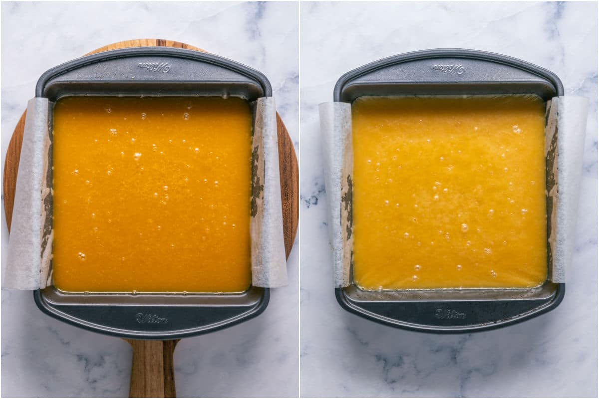 Two photo collage showing caramel filling poured out on top of shortbread crust and baked.