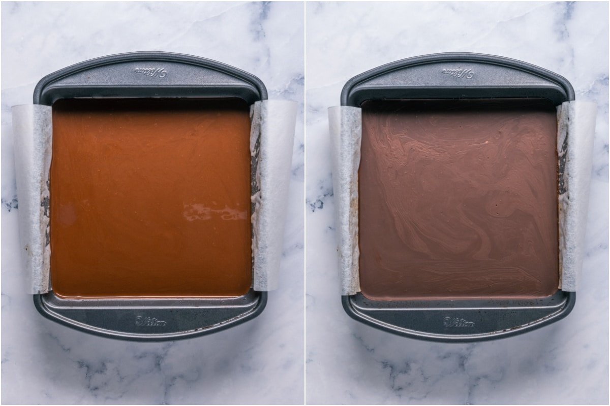 Two photo collage showing melted chocolate topping poured over the top of the caramel filling and then set.