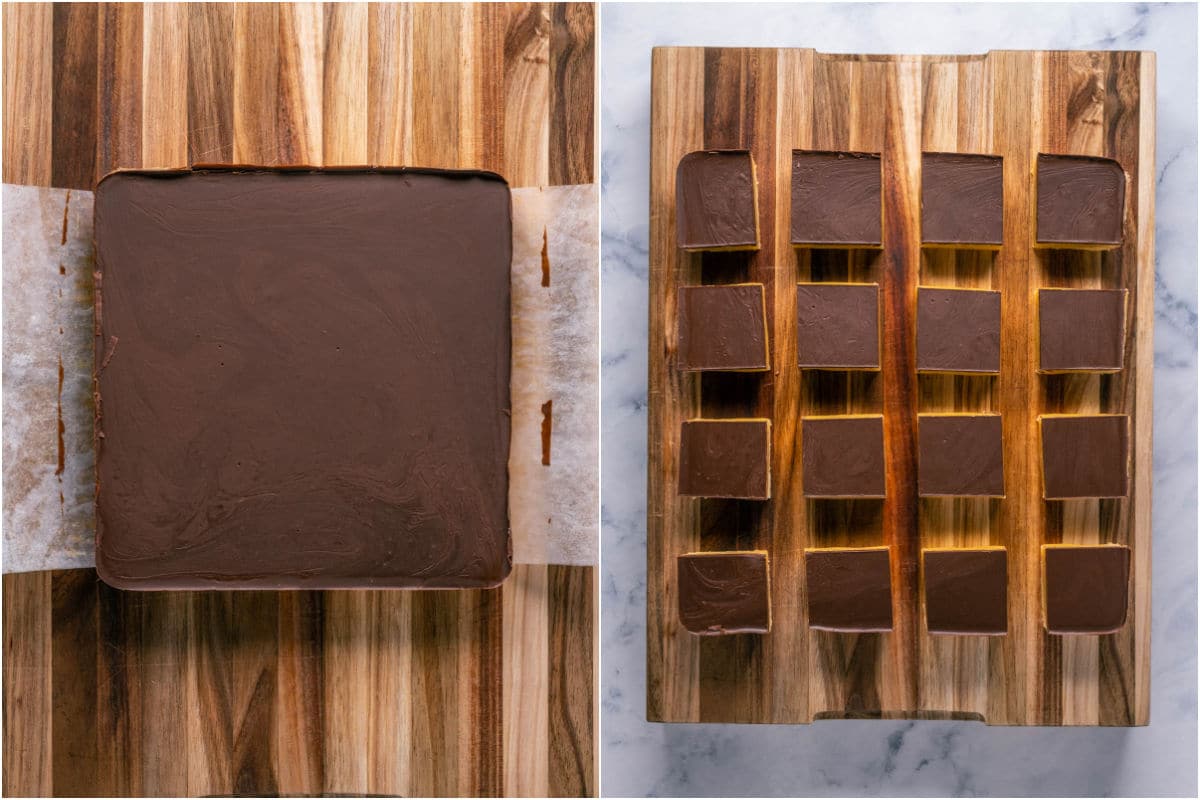 Two photo collage showing millionaire shortbread removed from the baking dish and then cut into squares.