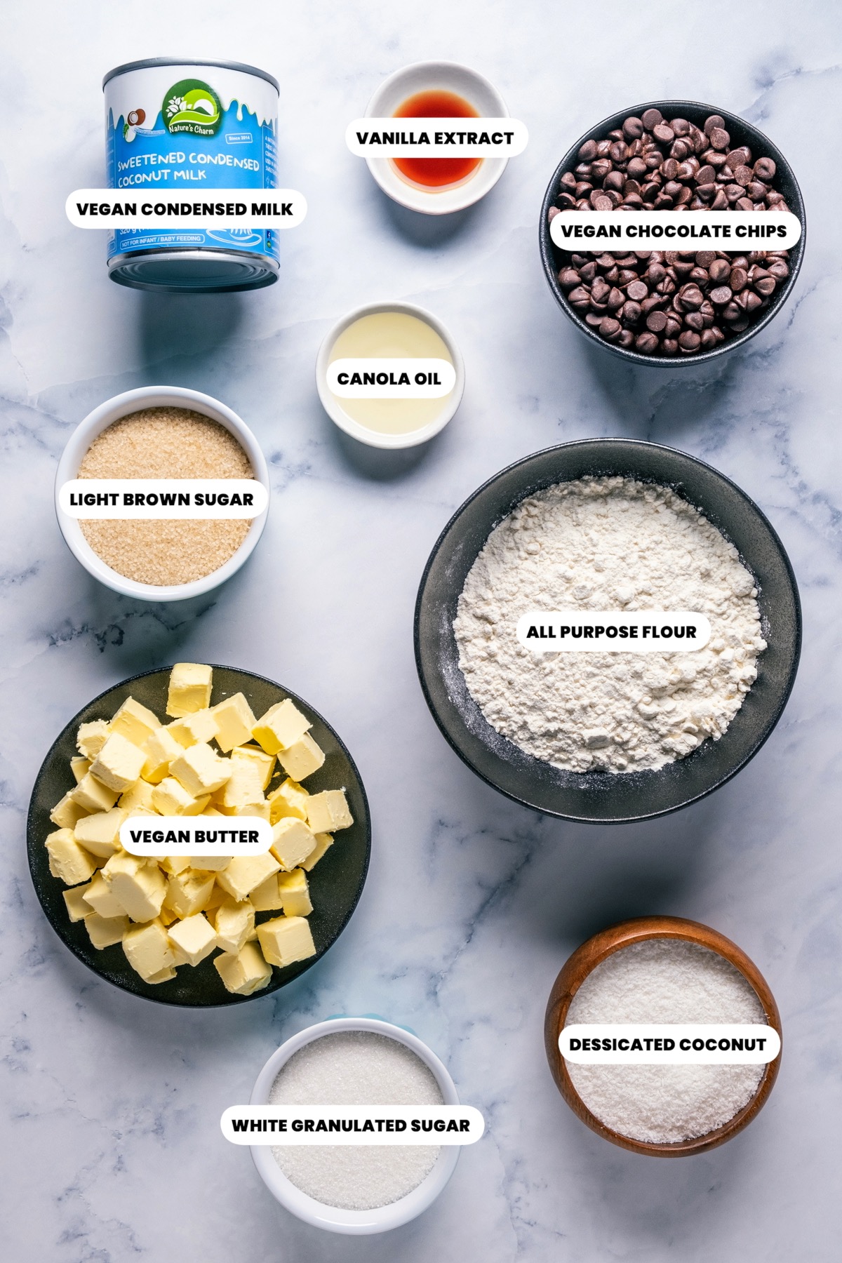 Ingredients needed to make vegan millionaire shortbread.
