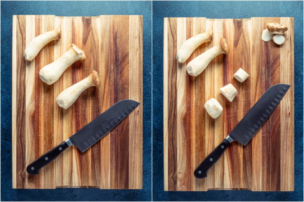 Two photo collage showing King Oyster mushrooms on a wooden cutting board and sliced into round discs.