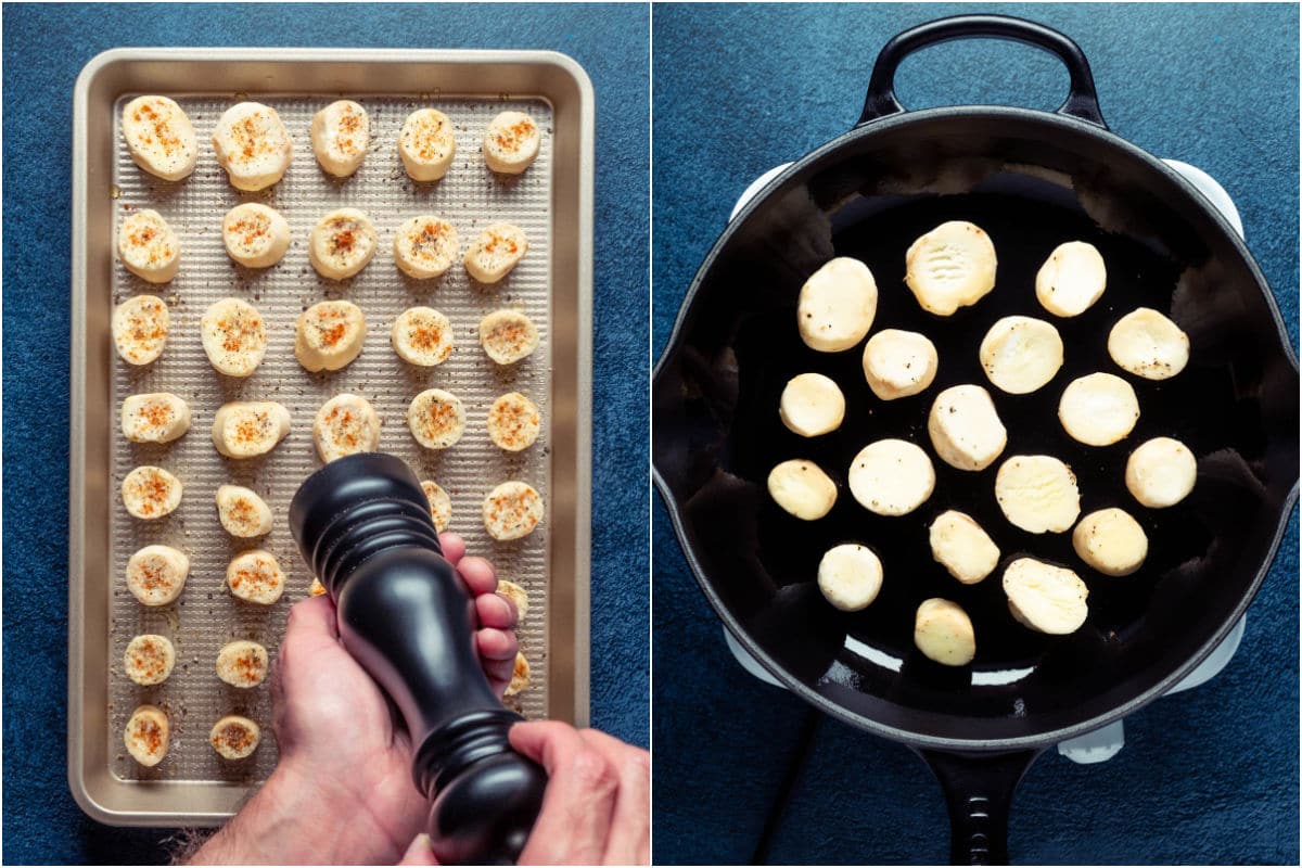 Two photo collage showing sliced king oyster mushrooms seasoned with salt, pepper and paprika and then placed into heated frying pan.