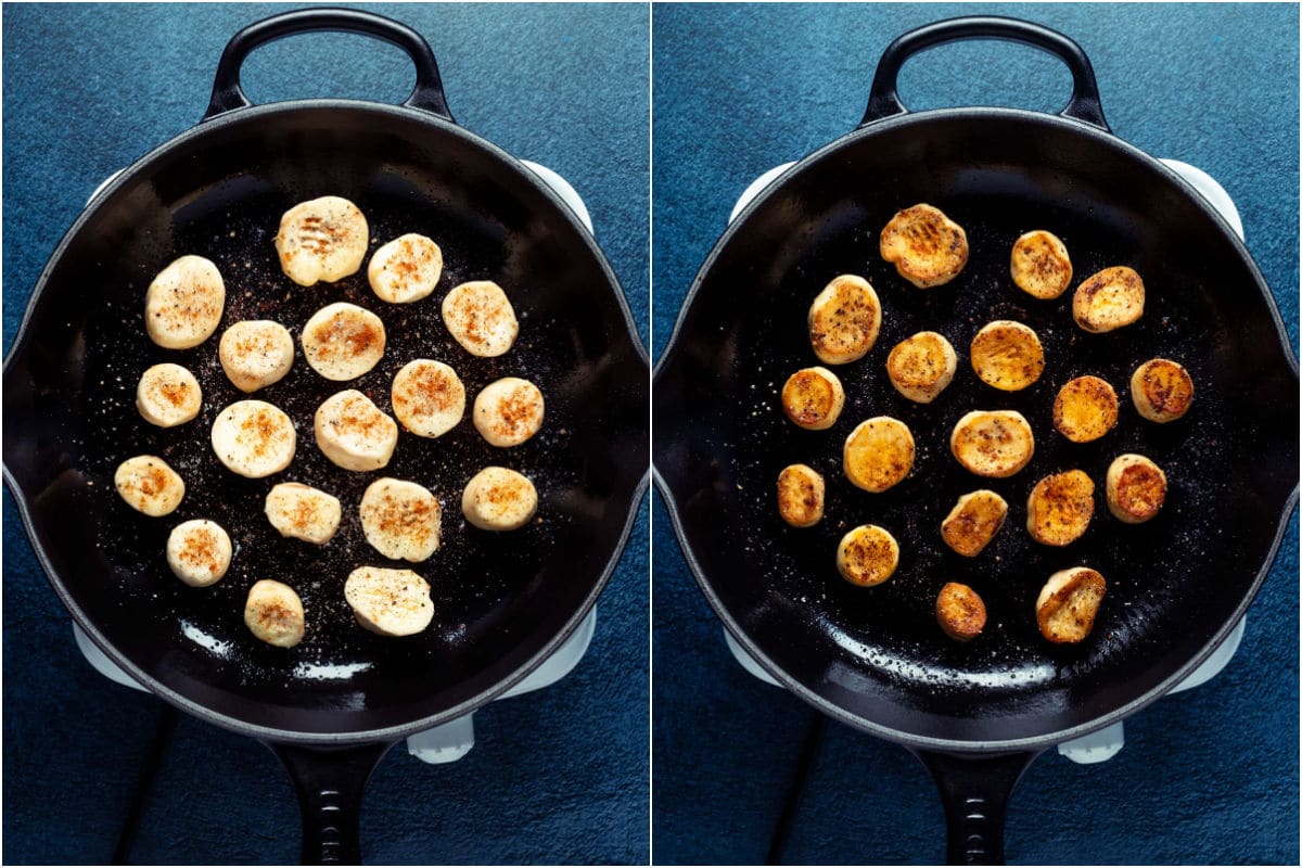 Two photo collage showing sliced king oyster mushrooms in a frying pan and then flipped over.