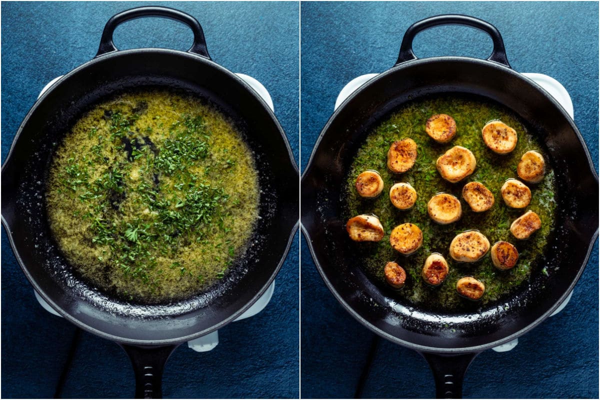 Two photo collage showing lemon juice and fresh chopped parsley added to frying pan and then browned vegan scallops added back in.