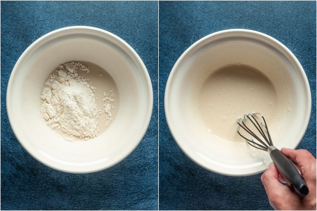 Two photo collage showing ingredients for batter added to bowl and mixed together.