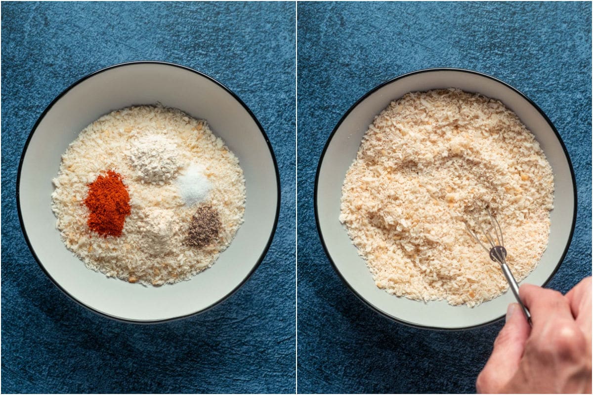 Two photo collage showing breadcrumbs added to bowl with spices and mixed together.