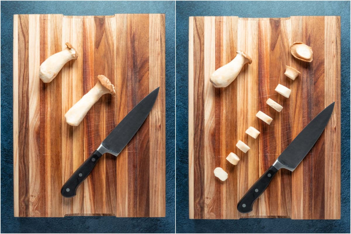 Two photo collage showing king oyster mushrooms being sliced up on a wooden chopping board.