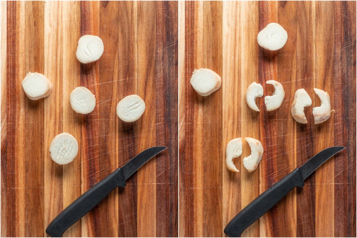 Two photo collage showing king oyster mushrooms sliced into the shape of shrimp.
