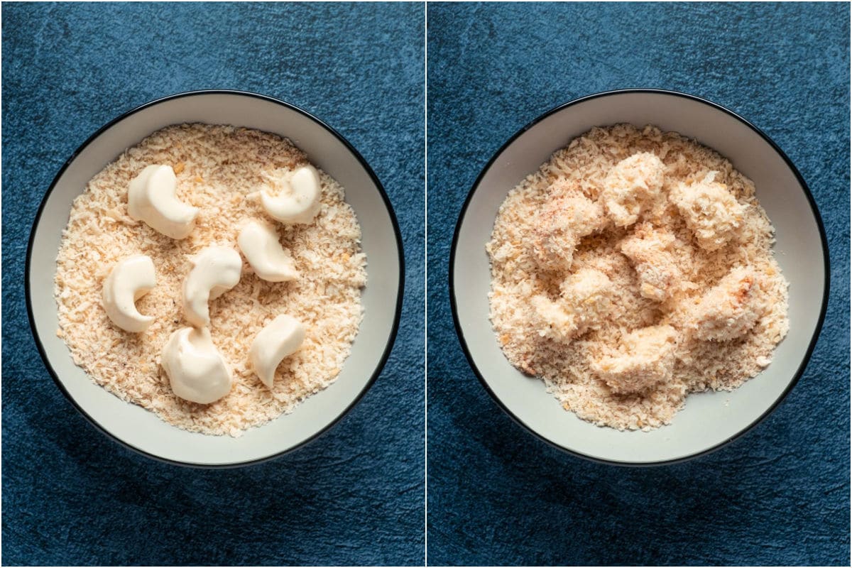 Two photo collage showing battered vegan shrimp placed into breadcrumbs bowl and tossed until coated.