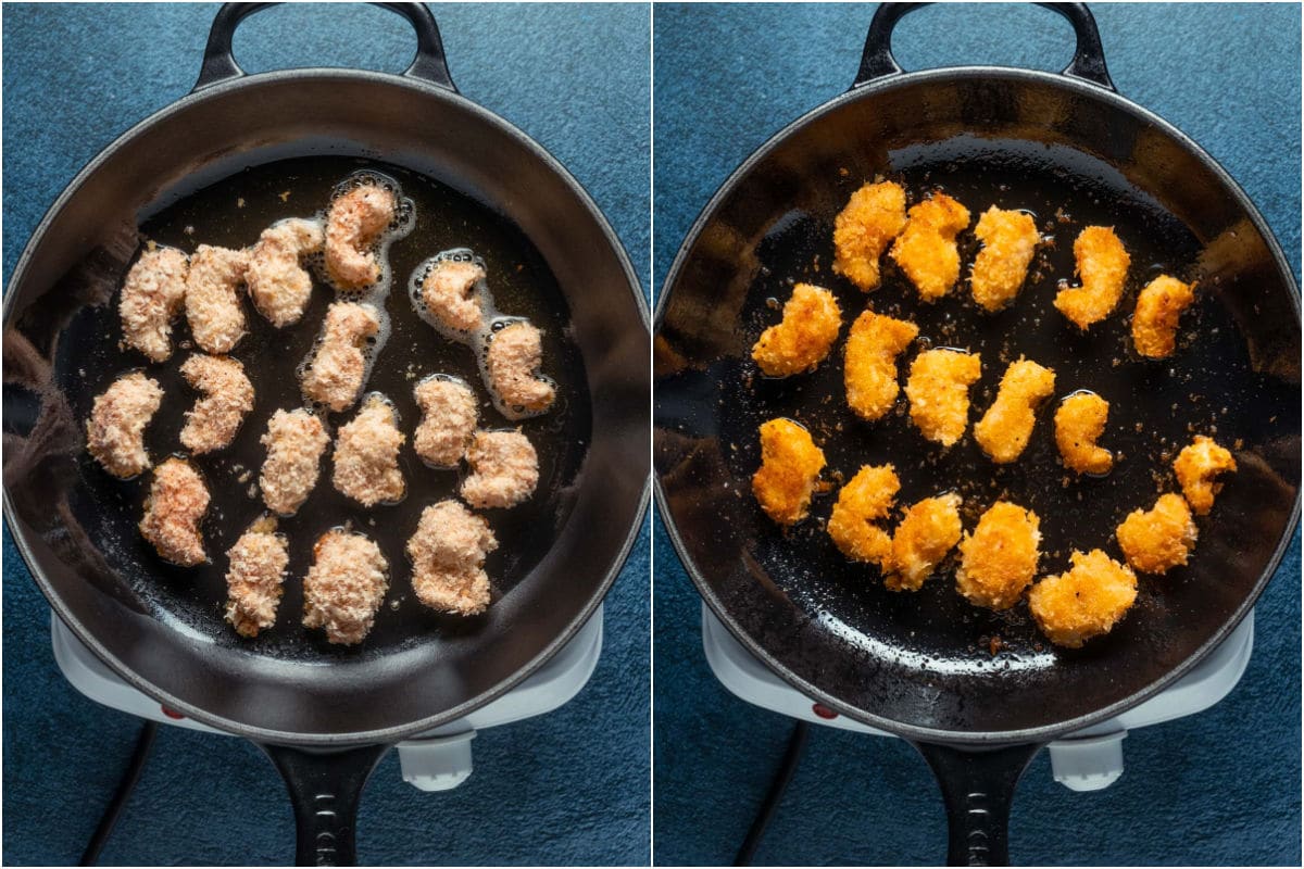 Two photo collage showing vegan shrimp added to frying pan and then flipped.