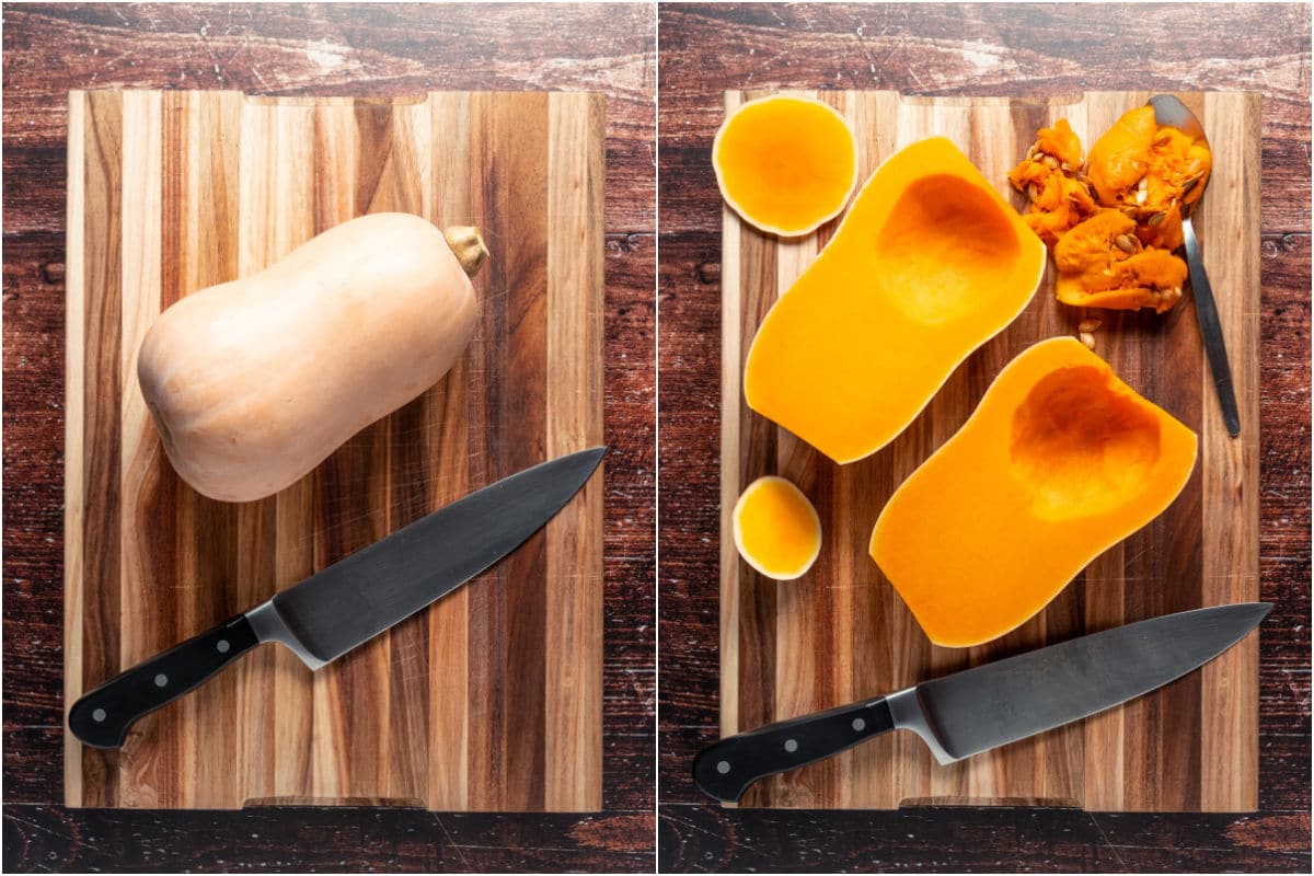 Butternut squash on a wooden cutting board and then cut in half with seeds removed.