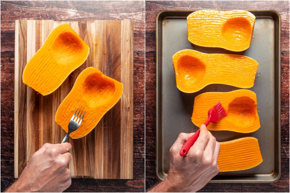 Scraping butternut squash with a fork and then brushing on olive oil.