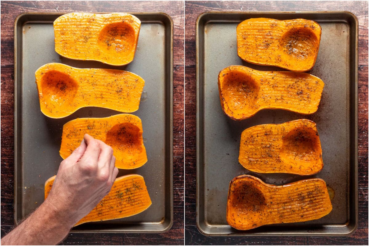 Sprinkling butternut squash with spices and then baking.