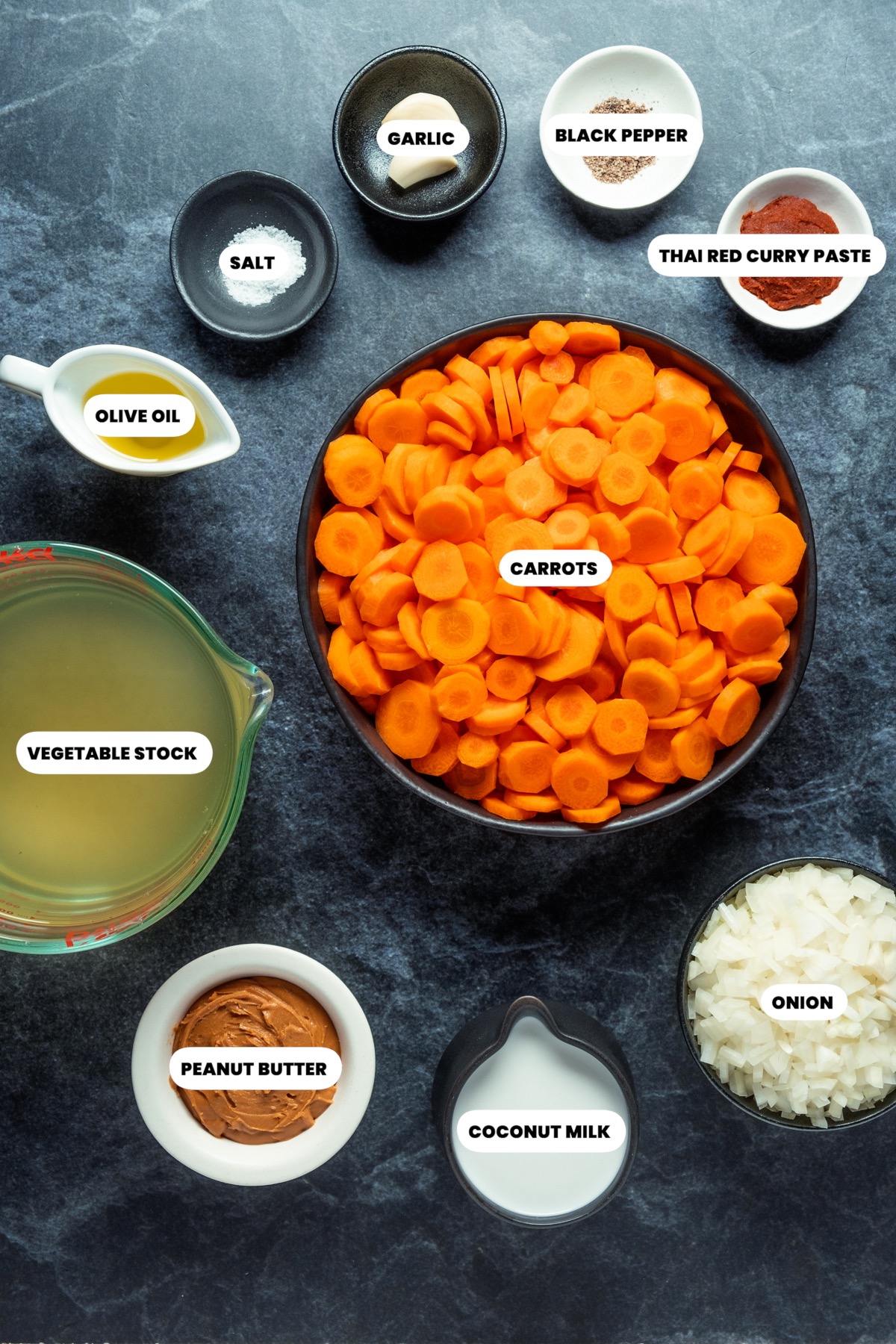 Ingredients to make vegan carrot soup.
