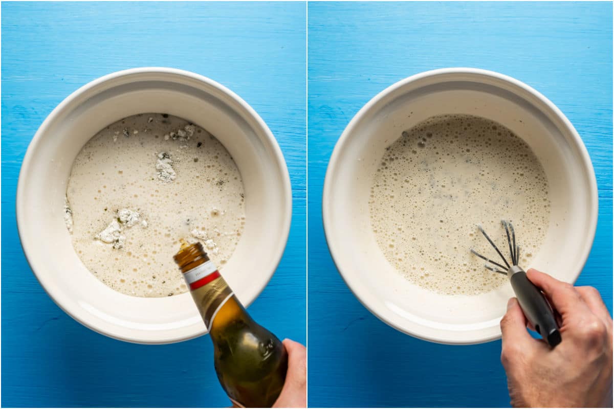 Beer poured into mixing bowl and mixed into a batter.