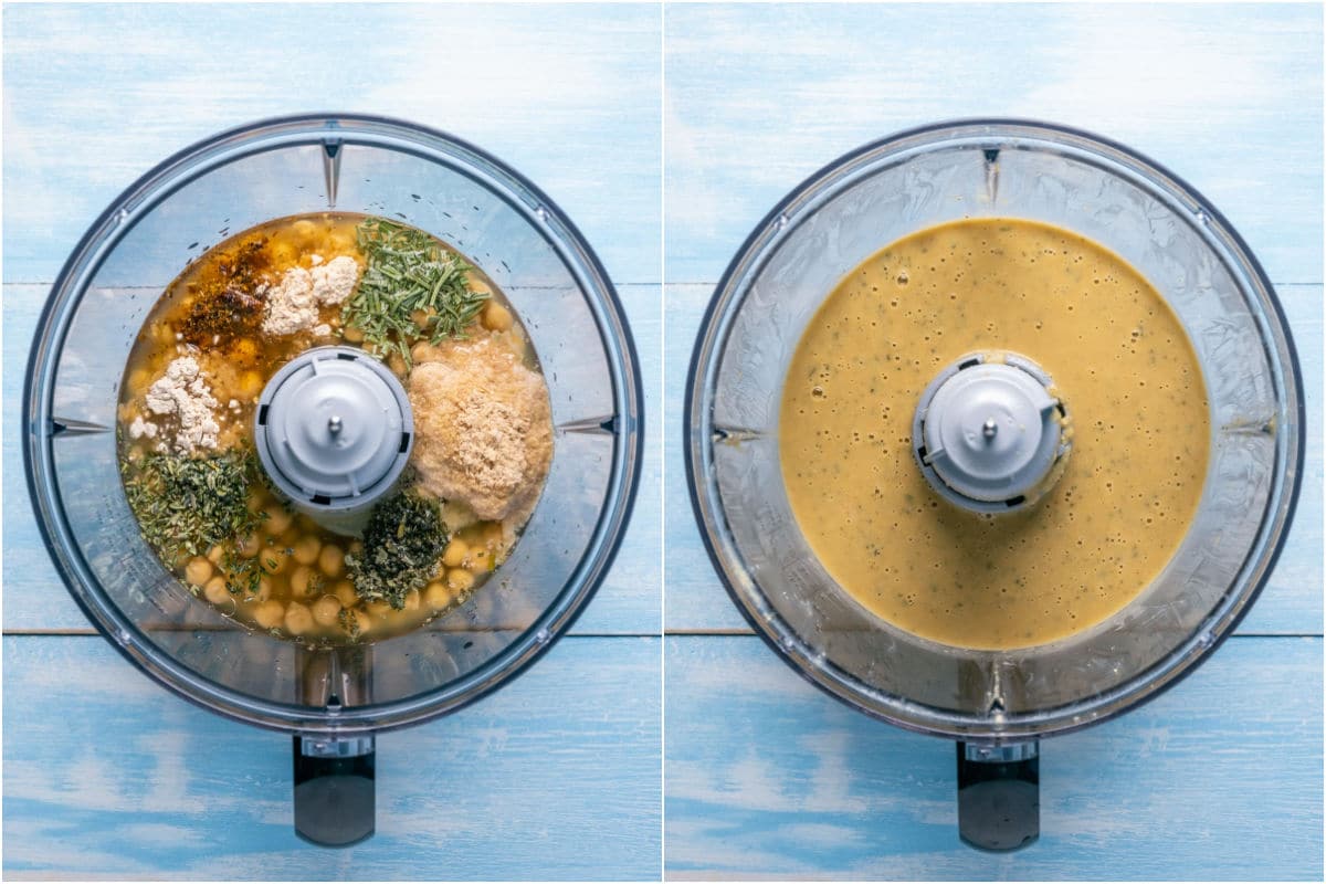 Two photo collage showing ingredients added to food processor and processed.