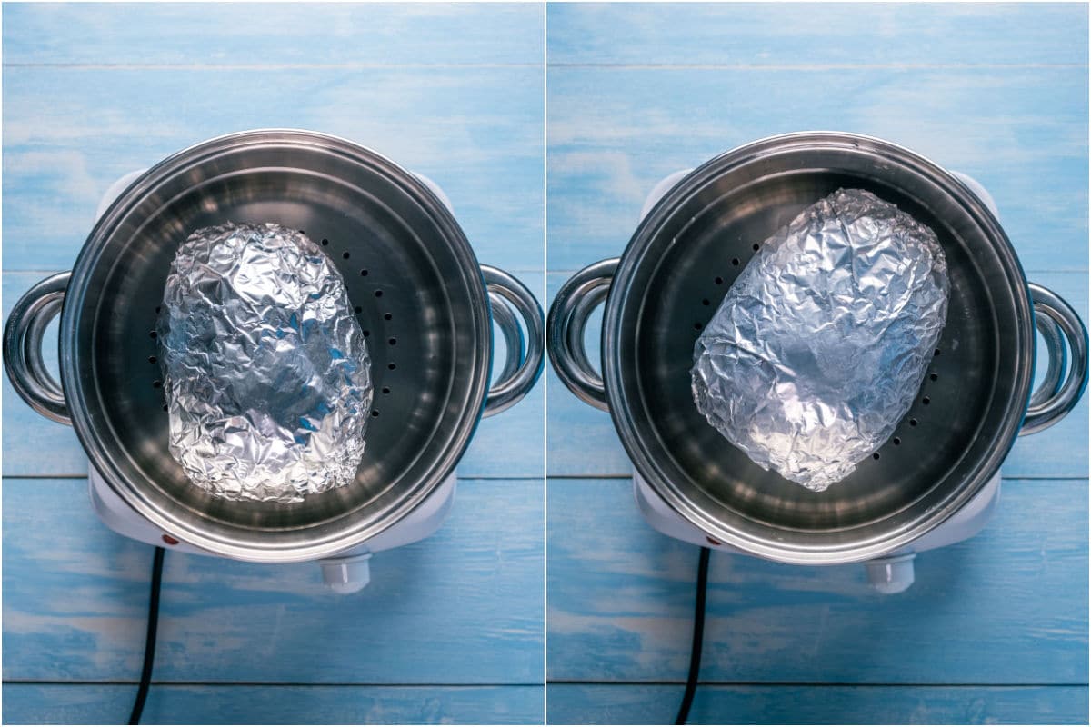 Two photo collage showing foil wrapped seitan loaf placed into steamer basket and steamed.