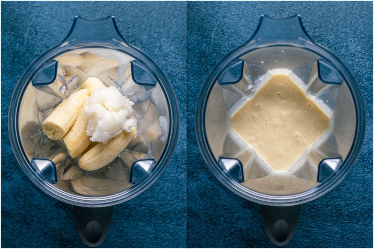 Bananas, soy milk and coconut oil added to blender and blended.