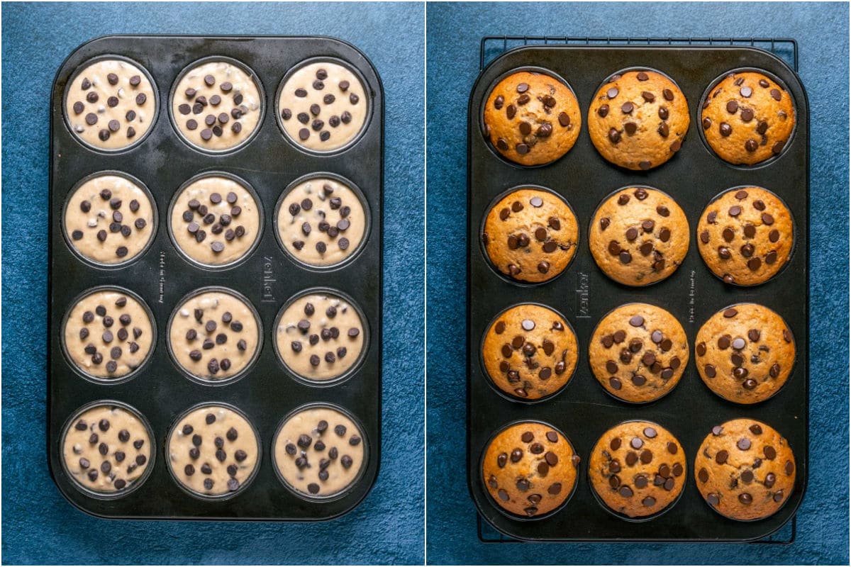 Banana chocolate muffins before and after baking.