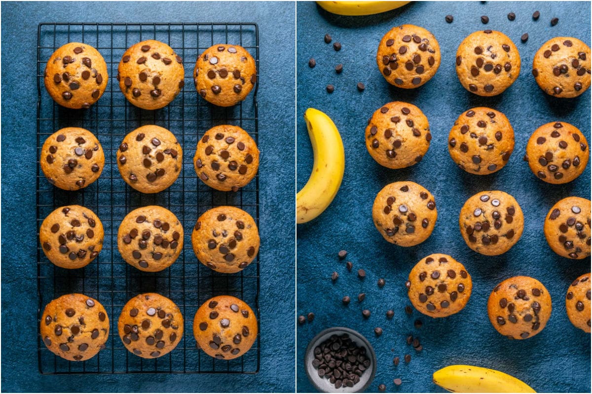 Vegan banana chocolate chip muffins cooling on a wire cooling rack and then ready to serve.