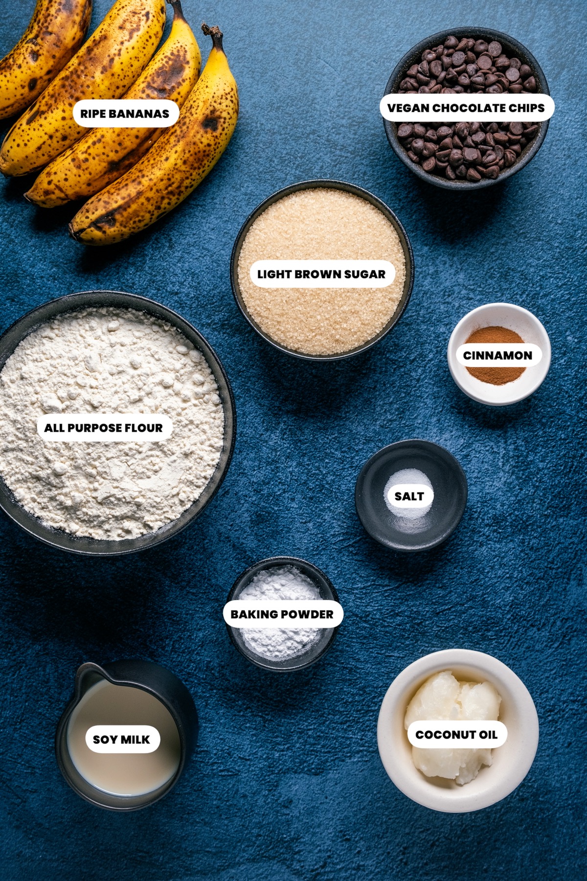 Ingredients for vegan banana chocolate chip muffins.