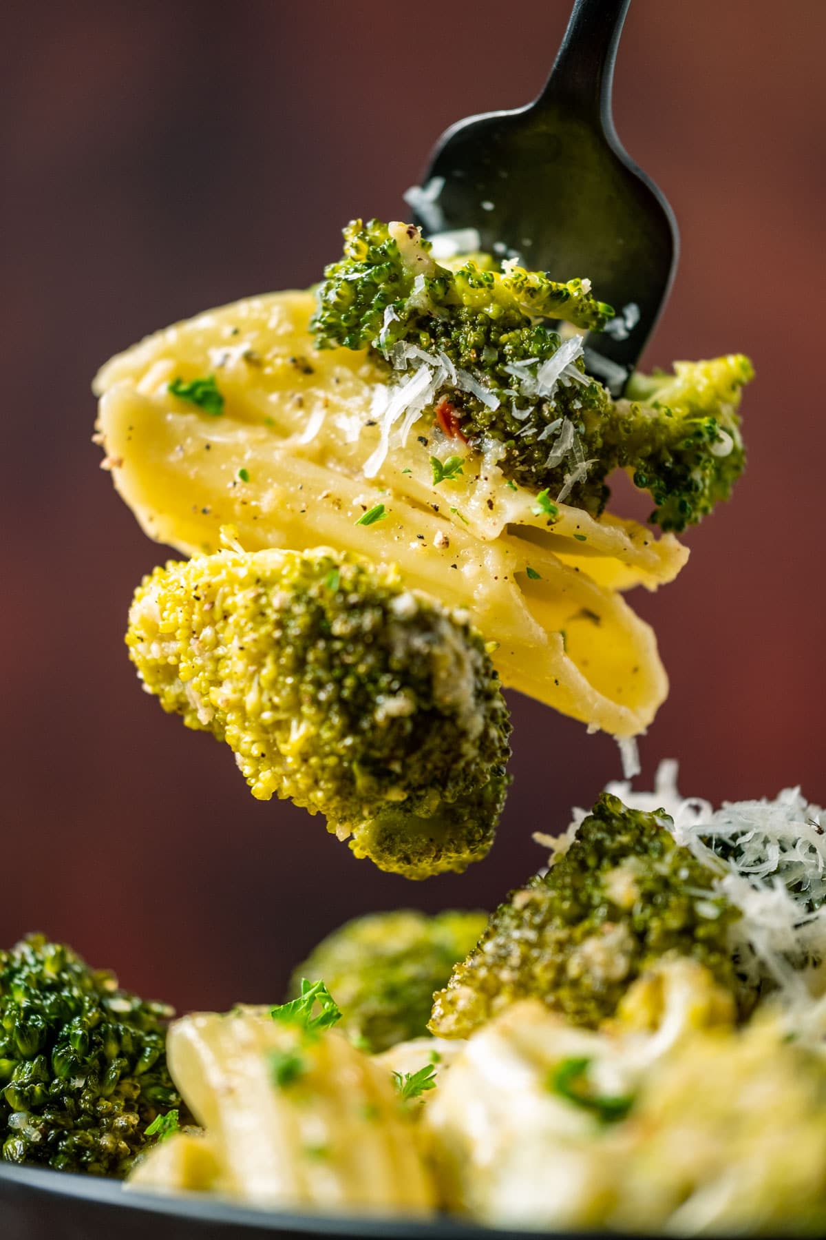 Forkful of vegan broccoli pasta.