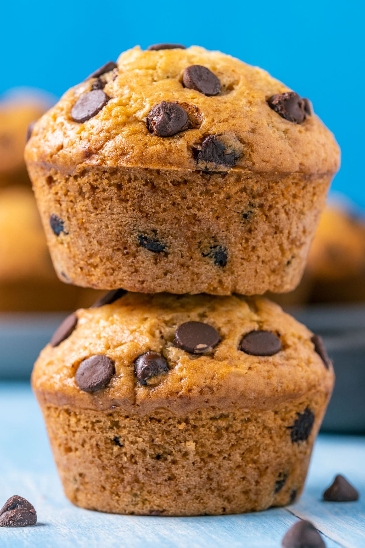 Stack of two vegan chocolate chip muffins.