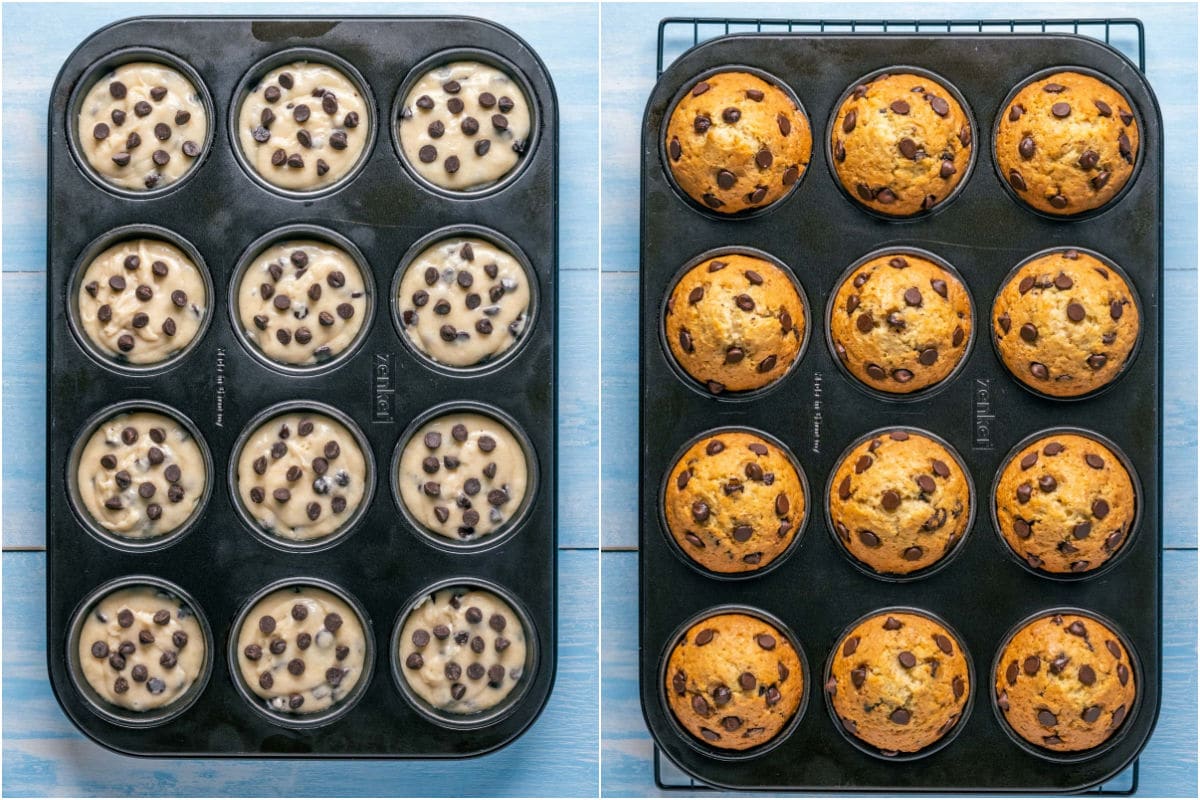 Vegan chocolate chip muffins in a muffin tray before and after baking.