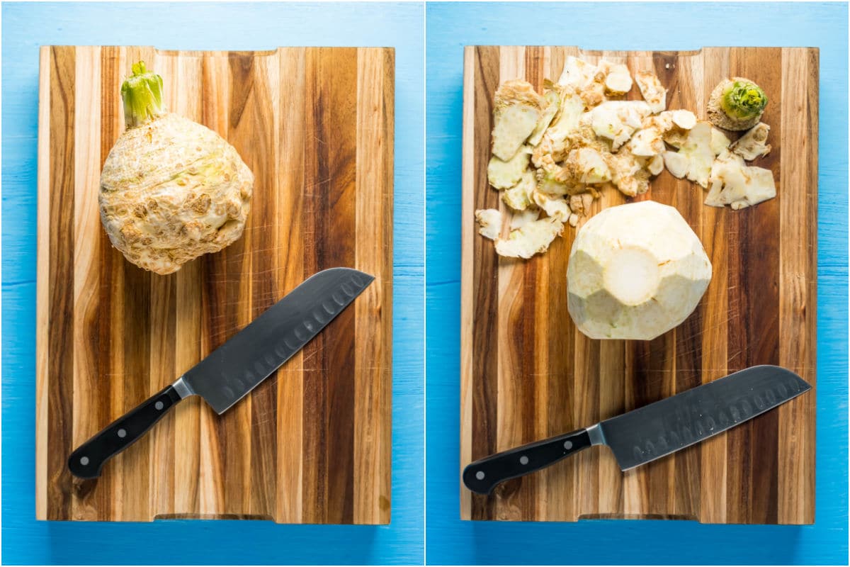 Celeriac on a wooden board and peeled.