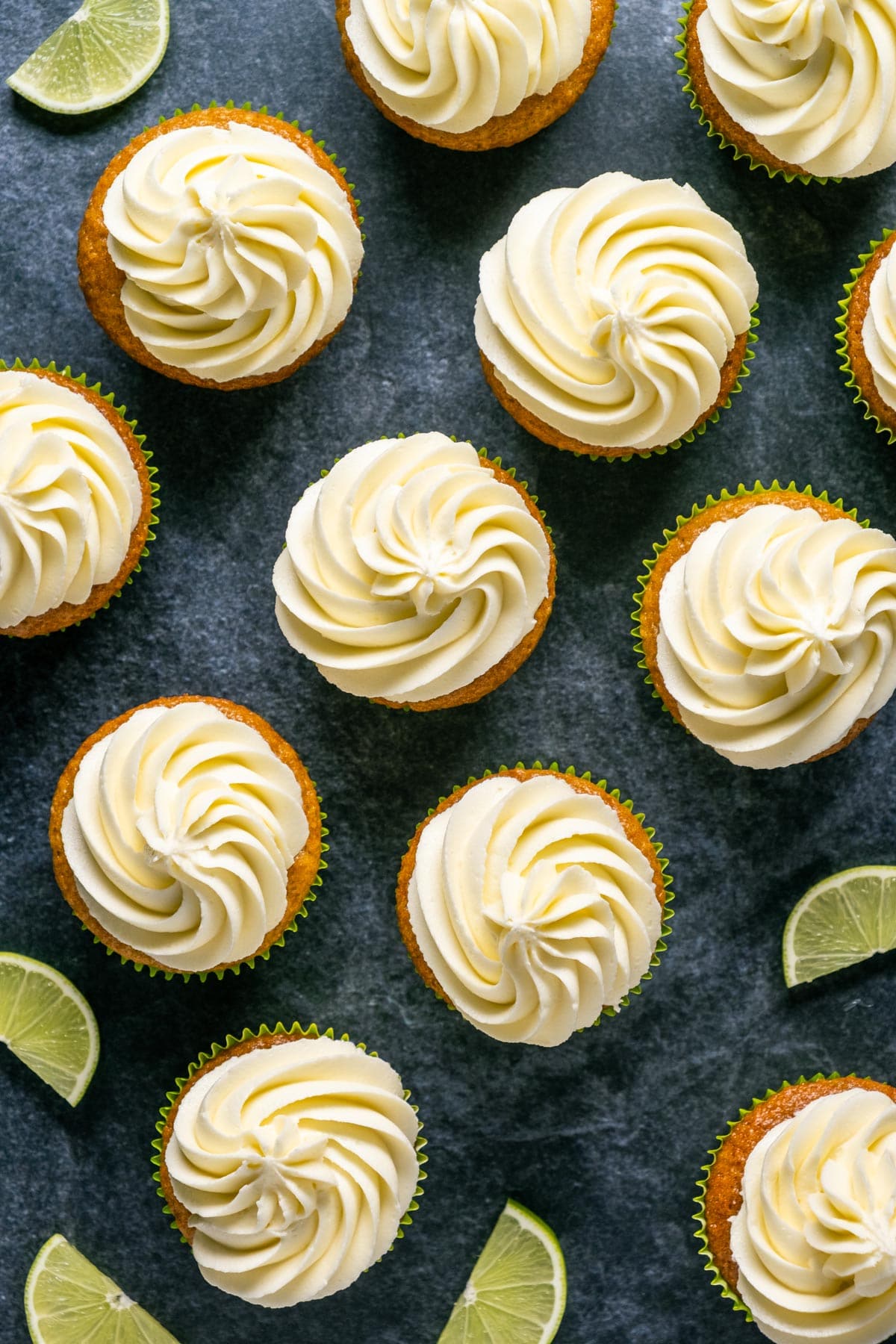 Frosted vegan key lime cupcakes.