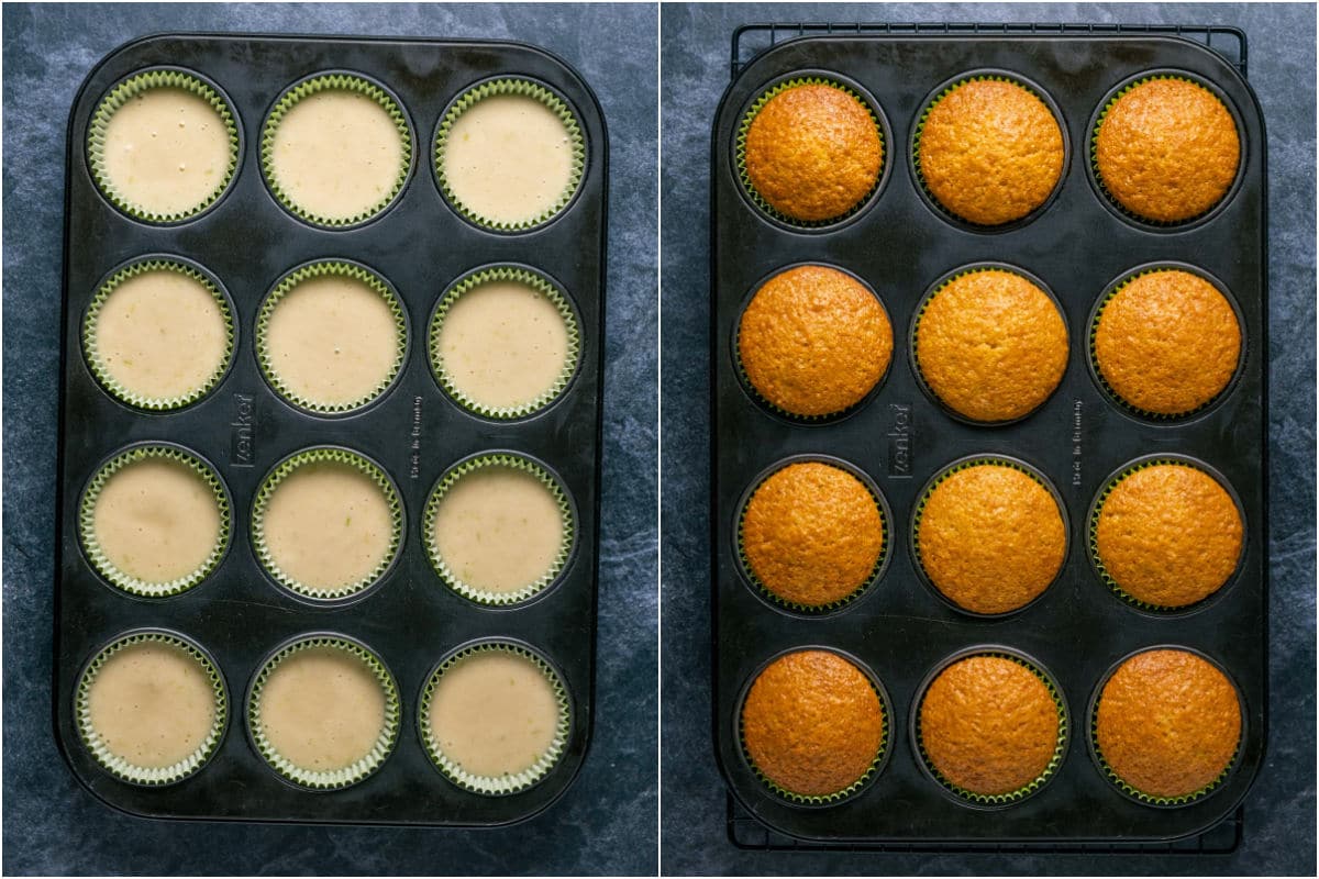 Vegan key lime cupcakes in a cupcake tray before and after baking.
