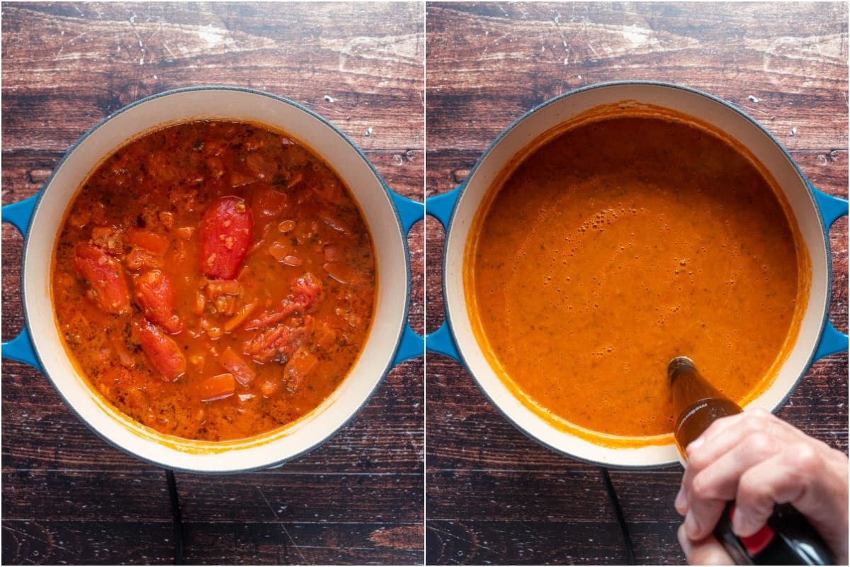Tomato soup in a pot and then blended with an immersion blender.