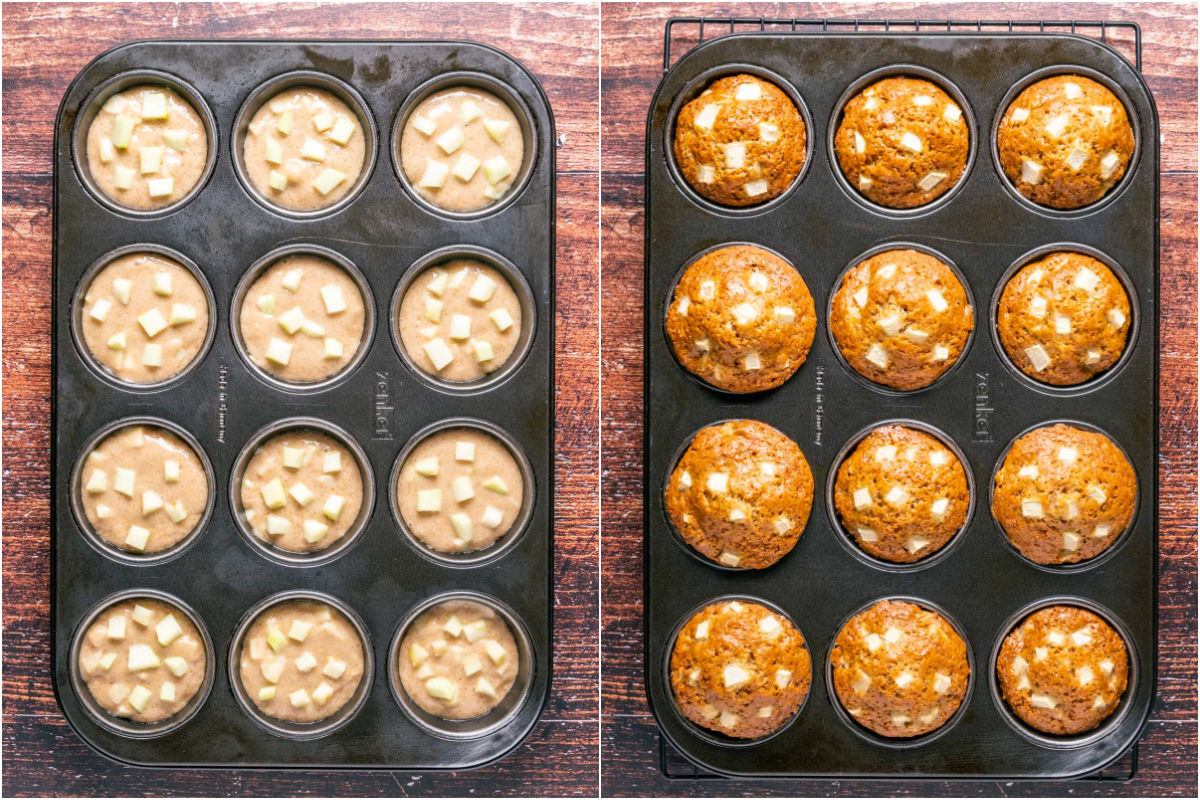 Vegan apple muffins in a muffin tray before and after baking.