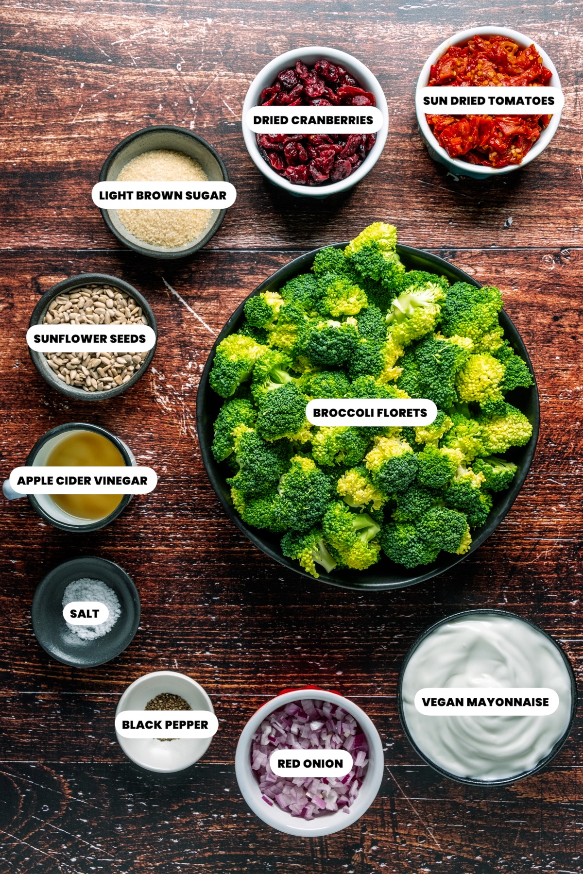 Ingredients for vegan broccoli salad.