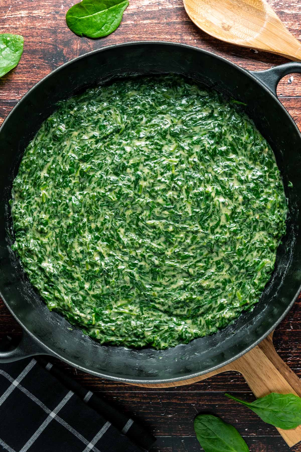 Vegan creamed spinach in a skillet. 