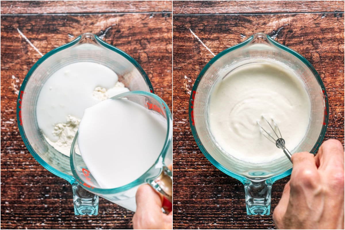 Coconut cream added to flour in a measuring jug and whisked into a paste.