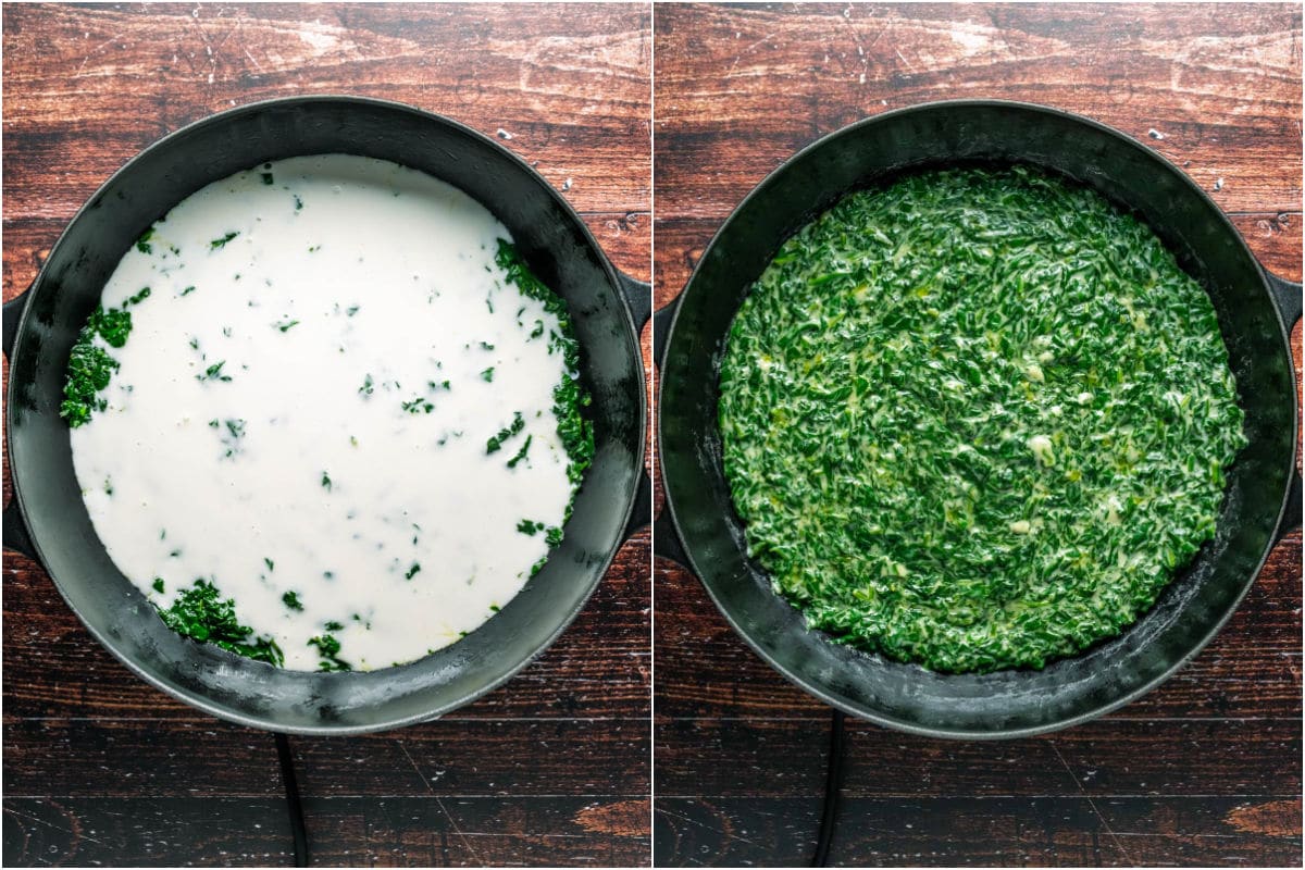Coconut cream and flour mix added to spinach, mixed in until thickened.