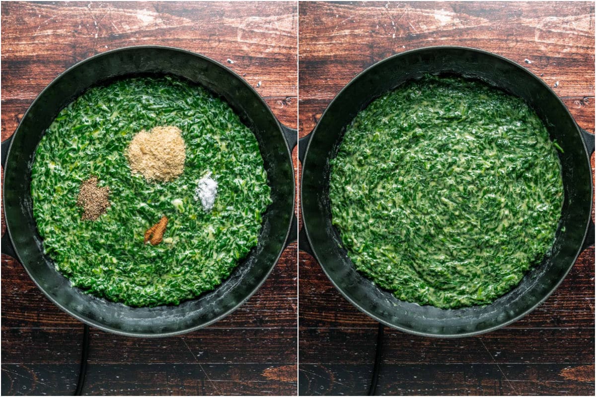 Salt, pepper, nutmeg and nutritional yeast added to creamed spinach and mixed in.